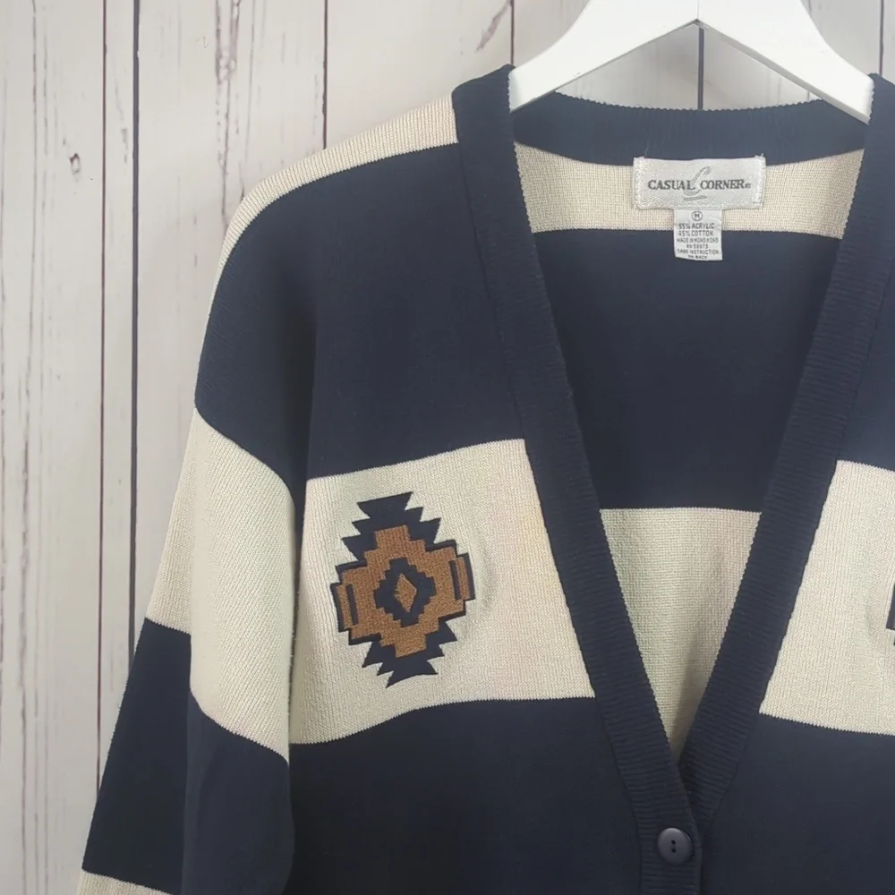 Vintage Casual Corner Navy Blue and Cream Preppy Aztec Women's‎ Cardigan Medium